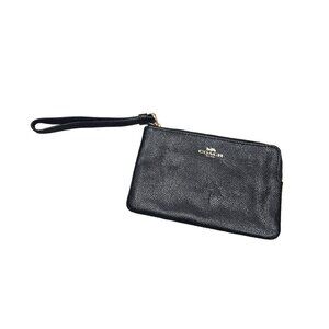 Coach Black Leather Wristlet Wallet With Gold‎ Zipper & Strap 2 Card Slots